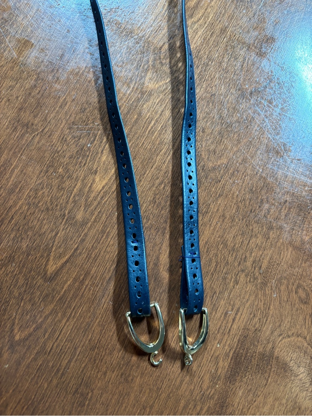 Unique Handmade Dark Blue Leather Belt with Gold Hardware - Picture 4 of 5